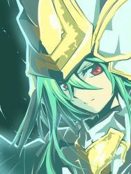 Rule 34 | 1girl, aqua background, armor, athena (p&amp;d), breastplate, green hair, helmet, ishiyumi, long hair, puzzle &amp; dragons, red eyes, solo, upper body