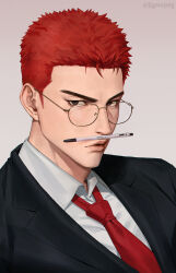 Rule 34 | 1boy, formal, glasses, highres, jigpanjang, male focus, open mouth, pencil as mustache, red tie, sakuragi hanamichi, short hair, slam dunk (series), solo, spiked hair, suit, upper body, white background