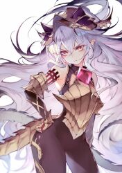Rule 34 | 1girl, :t, bare shoulders, bodystocking, closed mouth, cowboy shot, detached sleeves, elbow pads, frown, gauntlets, glaring, granblue fantasy, grey hair, groin, hand on own hip, headpiece, kanaria (fuusenkazura), long hair, looking at viewer, medusa (shingeki no bahamut), pointy ears, red eyes, solo, split mouth, tail, v-shaped eyebrows, very long hair, white background
