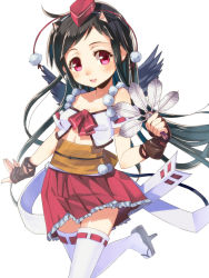Rule 34 | 1girl, :d, animal ears, bad id, bad pixiv id, bare shoulders, black hair, blush, geta, hand fan, holding, looking at viewer, open mouth, original, pink eyes, simple background, skirt, smile, solo, tengu, thighhighs, umeboshitora, white background, white thighhighs, wings