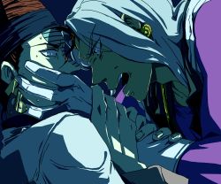 Rule 34 | 2boys, earrings, facial mark, gloves, grabbing, hand on another&#039;s face, hat, holding another&#039;s wrist, jewelry, jojo no kimyou na bouken, long hair, male focus, multiple boys, red hair, renao, sweat, terence t. d&#039;arby, vanilla ice, white hair