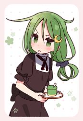Rule 34 | 1girl, alternate costume, crescent, crescent hair ornament, crescent pin, cup, enmaided, floral background, green eyes, green hair, hair ornament, kantai collection, maid, nagatsuki (kancolle), solo, tea, teacup, yoru nai