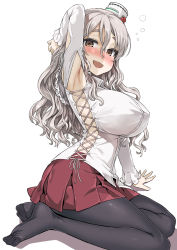 Rule 34 | 10s, 1girl, :d, arm support, arm up, armpits, asanagi, black pantyhose, blush, breasts, brown eyes, covered erect nipples, cross-laced clothes, drunk, feet, grey hair, hair between eyes, hat, highres, kantai collection, large breasts, long hair, long sleeves, mini hat, miniskirt, no shoes, nose blush, open mouth, pantyhose, pleated skirt, pola (kancolle), simple background, sitting, skirt, smile, soles, solo, thick eyebrows, toes, wavy hair, white background, yokozuwari