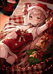 Rule 34 | 1girl, absurdres, animal ears, armpits, arms behind head, arms up, bare shoulders, bell, between breasts, black bow, black choker, black thighhighs, blanket, blurry, blush, bokeh, bow, box, breasts, brown hair, brown ribbon, cat ears, choker, christmas, christmas stocking, cleavage, closed mouth, collarbone, commentary, cowboy shot, depth of field, detached sleeves, dress, ears through headwear, embarrassed, from above, frown, fur-trimmed dress, fur-trimmed headwear, fur trim, furrowed brow, gift, gift box, hair bow, hat, hat with ears, highres, huge filesize, jingle bell, large breasts, light brown hair, light particles, long hair, looking at viewer, low neckline, luna nyann, lying, md5 mismatch, neck bell, on back, on side, original, plaid blanket, pom pom (clothes), red dress, red hat, red ribbon, resolution mismatch, ribbon, santa costume, santa hat, short dress, solo, source smaller, spaghetti strap, straight hair, strap gap, symbol-only commentary, thighhighs, very long hair, wavy mouth, zettai ryouiki
