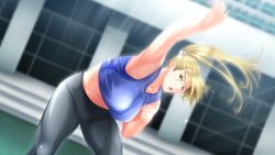 Rule 34 | 1girl, arm up, armpits, bare arms, black pants, blonde hair, breasts, clenched hands, female focus, floating hair, game cg, groin, hand up, high ponytail, indoors, kaneshiro wataru, large breasts, legs, legs apart, long hair, looking at viewer, midriff, motion blur, natasha shojovich, open mouth, original, pants, ponytail, red eyes, serious, sleeveless, soku iki bishonure athlete!, solo, sports bra, standing, thighs