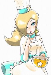 Rule 34 | 1girl, apron, blonde hair, blue eyes, chef hat, chef, earrings, hair over one eye, hat, highres, holding, jewelry, long hair, mario (series), mario kart, mario kart tour, mzg04, nail polish, nintendo, pot, purple nails, rosalina, smile, solo, tongue, tongue out, upper body, white background