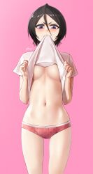 Rule 34 | 1girl, absurdres, black hair, bleach, blush, breasts, clothes in mouth, clothes lift, commentary, commission, dated, english commentary, hair between eyes, highres, kuchiki rukia, lifting own clothes, looking at viewer, mouth hold, navel, no bra, panties, pink background, pink panties, print panties, purple eyes, shirt, shirt in mouth, shirt lift, short hair, signature, simple background, small breasts, solo, underwear, waligner, white shirt