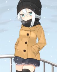 Rule 34 | 10s, 1girl, beanie, black scarf, black thighhighs, blue eyes, coat, hair between eyes, hands in pockets, hat, hibiki (kancolle), kantai collection, long hair, looking at viewer, outdoors, pleated skirt, rateratte, scarf, silver hair, skirt, solo, standing, thighhighs, zettai ryouiki