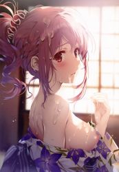 Rule 34 | 1girl, absurdres, after fellatio, backlighting, bare shoulders, blush, braid, breasts, brown hair, clothes down, comic aun, cum, cum on body, cum on breasts, cum on hair, cum on upper body, cumdrip, facial, floral print, from side, highres, japanese clothes, kimono, long hair, looking at viewer, medium breasts, misaki kurehito, nipples, parted lips, ponytail, print kimono, red eyes, sakura hina, shoulder blades, sidelocks, solo, upper body, white kimono