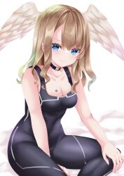 Rule 34 | 1girl, bare arms, bare shoulders, bed sheet, between legs, black bodysuit, blue eyes, blush, bodysuit, breasts, brown hair, cleavage, closed mouth, collarbone, eunie (xenoblade), feathered wings, feet out of frame, hair between eyes, hand between legs, head wings, highres, long hair, looking at viewer, medium breasts, nanase nao, simple background, sitting, sleeveless, sleeveless bodysuit, smile, solo, white background, white wings, wings, xenoblade chronicles (series), xenoblade chronicles 3