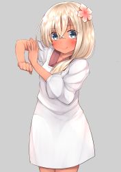 Rule 34 | 10s, 1girl, :q, absurdres, alternate costume, alternate hairstyle, apron, arms up, blonde hair, blush, closed mouth, collarbone, commentary, cowboy shot, dark-skinned female, dark skin, flower, go-1, grey background, hair between eyes, hair flower, hair ornament, hair over shoulder, hair tie, highres, kantai collection, kappougi, long hair, long sleeves, looking at viewer, pink flower, pink lips, puffy long sleeves, puffy sleeves, ro-500 (kancolle), simple background, sleeves pushed up, smile, solo, tareme, tongue, tongue out