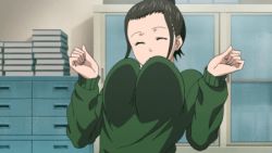 Rule 34 | 1girl, animated, animated gif, black hair, bouncing breasts, breasts, closed eyes, happy, large breasts, lowres, open mouth, short hair, sidelocks, sket dance, smile, solo, standing, sweater, unyuu mimori