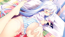 Rule 34 | 1girl, ass, barefoot, bed, blue hair, blush, breasts, censored, closed eyes, cum, cum in pussy, feet, game cg, hair ornament, kanojo ga ore ni kureta mono. ore ga kanojo ni ageru mono., large breasts, legs, long hair, lying, magazine (object), nabekane tsubasa, nipples, on stomach, onomatope, open clothes, panties, pillow, pussy, shiratama, solo, striped clothes, striped panties, thighs, toes, underwear