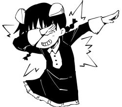 Rule 34 | 1girl, akita (akitaland gothic), akitaland gothic, braid, buttons, collared dress, covering own eyes, cropped torso, dab (dance), dress, explosion, facing viewer, floating hair, greyscale, grin, horns, kikai (akita morgue), long hair, monochrome, short dress, short eyebrows, simple background, sleeve cuffs, smile, solo, twin braids, v-shaped eyebrows