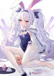 Rule 34 | 1girl, absurdres, animal ears, azur lane, breasts, byx, champagne flute, covered navel, crossed bangs, cup, cupcake, drinking glass, fake animal ears, food, hair between eyes, highleg, highleg leotard, highres, laffey (azur lane), laffey ii (azur lane), laffey ii (sleepy on a busy day) (azur lane), leotard, long hair, long sleeves, looking at viewer, manjuu (azur lane), official alternate costume, pantyhose, parted lips, playboy bunny, rabbit ears, red eyes, single barefoot, sitting, small breasts, solo, spill, strapless, strapless leotard, thighband pantyhose, toes, twintails, very long hair, wet, wet clothes, white pantyhose