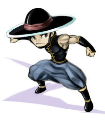Rule 34 | 1boy, baggy pants, black hair, boots, brown eyes, chibi, chin strap, chinese clothes, fighting stance, hat, koi drake, kung lao, male focus, mortal kombat (series), muscular, pants, solo, vambraces