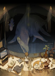 Rule 34 | 1girl, artist name, brown hair, coelacanth, demizu posuka, fangs, firewood, fish, highres, looking at another, original, plant, rock, size difference, skirt, spoon, table, television, water, white skirt