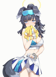Rule 34 | 1girl, animal ears, bare shoulders, black hair, blue archive, blue eyes, blush, breasts, cheerleader, clothes lift, covered mouth, covering own mouth, cowboy shot, crop top, dog ears, dog girl, dog tail, eyewear on head, gloves, goggles, goggles on head, halo, hibiki (blue archive), hibiki (cheer squad) (blue archive), highres, holding, holding pom poms, lifted by self, long hair, looking at viewer, looking away, midriff, millennium cheerleader outfit (blue archive), miniskirt, navel, panties, partially fingerless gloves, pleated skirt, pom pom (cheerleading), pom poms, revision, skirt, skirt lift, sleeveless, solo, tail, takayaki, thigh gap, thighs, underwear, white background, white panties