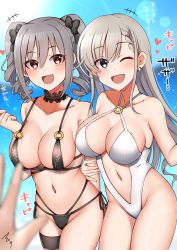 Rule 34 | 2girls, :d, absurdres, bare shoulders, bikini, black bikini, black bow, black choker, blue eyes, blue sky, blush, bow, braid, breasts, choker, cleavage, clothing cutout, collarbone, commentary request, day, drill hair, earrings, grey hair, hair between eyes, hair bow, heart, highres, hisakawa hayate, idolmaster, idolmaster cinderella girls, jewelry, kanzaki ranko, large breasts, long hair, looking at viewer, mabanna, multiple girls, navel, navel cutout, ocean, one-piece swimsuit, one eye closed, open mouth, outdoors, pink eyes, pov, pov hands, short hair, side-tie bikini bottom, side braid, sky, smile, swimsuit, translation request, twin drills, twintails, white one-piece swimsuit