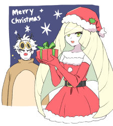 Rule 34 | 1boy, 1girl, :d, blonde hair, border, christmas, collarbone, commentary request, creatures (company), dede (qwea 00000), dress, elbow gloves, eyelashes, eyewear on head, game freak, gift, gloves, green eyes, guzma (pokemon), hands up, hat, holding, holding gift, korean commentary, long hair, lusamine (pokemon), merry christmas, nintendo, open mouth, own hands together, pokemon, pokemon sm, red dress, red gloves, red headwear, santa hat, smile, sunglasses, very long hair, white border, white hair, yellow-framed eyewear