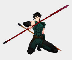 Rule 34 | 1boy, black hair, detached sleeves, fate/zero, fate (series), gae buidhe (fate), gae dearg (fate), grey background, hair between eyes, highres, holding, holding weapon, kneeling, lance, diarmuid ua duibhne (lancer) (fate), looking at viewer, male focus, polearm, short hair, simple background, solo, spear, weapon, ycco (estrella), yellow eyes