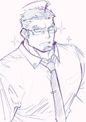 Rule 34 | 1boy, absurdres, ahoge, bara, beard, collared shirt, facial hair, formal, from above, glasses, goatee, greyscale, highres, live a hero, looking at viewer, male focus, mature male, mole, mole under eye, monochrome, muscular, muscular male, necktie, seiichiro (live a hero), shirt, short hair, sketch, solo, sparkling aura, thick beard, undercut, upper body, yakisoba ohmori