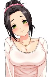 Rule 34 | 1girl, black hair, blush, breasts, cleavage, collarbone, commentary request, corrupted twitter file, ebihara naho, green eyes, hair bun, head tilt, highres, idolmaster, idolmaster cinderella girls, jewelry, large breasts, long sleeves, looking at viewer, necklace, parted lips, pink scrunchie, pink shirt, popon ta, scrunchie, shirt, short hair, sidelocks, smile, solo, upper body, white background