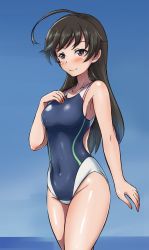 Rule 34 | 10s, 1girl, ahoge, black eyes, black hair, blush, breasts, competition swimsuit, girls und panzer, hand on own chest, highres, isuzu hana, long hair, looking at viewer, one-piece swimsuit, one eye closed, smile, solo, solokov (okb-999), swimsuit