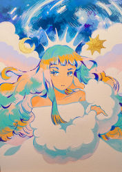 Rule 34 | 1girl, absurdres, aqua hair, bare shoulders, blonde hair, cloud, crescent moon, expressionless, highres, long hair, long sleeves, meyoco, moon, multicolored hair, no nose, original, pink hair, puffy long sleeves, puffy sleeves, solo, traditional media, upper body