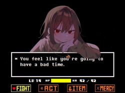 1other aegyo_sal backlighting bright_pupils brown_hair chara_(undertale) choco_rabbitt closed_mouth double-parted_bangs game_screenshot_background grey_sweater hair_between_eyes hand_on_own_cheek hand_on_own_face hand_up hashtag-only_commentary heart heart_necklace highres jewelry long_sleeves medium_hair necklace other_focus portrait puffy_long_sleeves puffy_sleeves red_eyes screenshot_background simple_background slit_pupils solo sweater turtleneck turtleneck_sweater undertale white_pupils