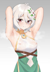 Rule 34 | 1girl, armpits, arms up, blush, closed mouth, dress, flower, furrowed brow, grey background, hair flower, hair ornament, highres, kokkoro (princess connect!), looking at viewer, m kong, paid reward available, princess connect!, red eyes, see-through, short hair, simple background, sleeveless, sleeveless dress, solo, sweat, sweaty clothes, upper body, white hair