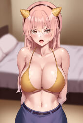 Rule 34 | 1girl, arms behind back, bed, bedroom, belt, bikini, bikini top only, black belt, blue skirt, blurry, blurry background, blush, breasts, brown eyes, cleavage, collarbone, commentary request, demon horns, fake horns, horns, huyumitsu, indoors, large breasts, long hair, looking at viewer, navel, open mouth, original, pillow, pink hair, skirt, solo, standing, swimsuit, tongue, yellow bikini