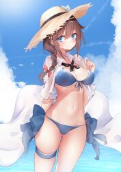 1girl bikini black_ribbon blue_bikini blue_eyes blue_sky braid breasts brown_eyes brown_hat cleavage cloud collared_shirt cowboy_shot dress_shirt front-tie_bikini_top front-tie_top hair_flaps hair_over_shoulder hasaki_(alice_ruru) hat highres kantai_collection long_hair looking_at_viewer medium_breasts neck_ribbon official_alternate_costume open_clothes open_shirt ribbon shigure_(kancolle) shigure_kai_san_(kancolle) shigure_kai_san_(swimsuit)_(kancolle) shirt side-tie_bikini_bottom single_braid sky smile solo straw_hat sun_hat swimsuit water white_shirt