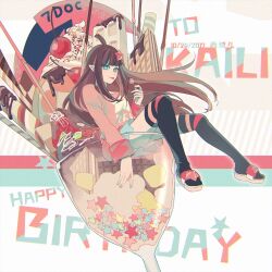 1girl ahoge aotu_world aqua_eyes artist_name black_hair black_thighhighs blue_eyes blue_nails blunt_bangs brown_hair candy character_name cherry chocolate dated food fruit happy_birthday ice_cream ice_cream_cone jacket kaili_(aotu_world) lollipop long_hair long_sleeves looking_at_viewer multicolored_hair nail_polish parfait pink_jacket pocky pointy_ears sandals sitting skirt solo star_(symbol) strawberry sundae thighhighs tongue tongue_out xi_yuu