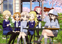 Rule 34 | 6+girls, :d, :o, absurdres, aki (girls und panzer), assam (girls und panzer), black neckwear, black pantyhose, blonde hair, blue cardigan, blue eyes, blue skirt, blue sky, bow, braid, braided bun, brown eyes, brown hair, bush, calendar (medium), cardigan, cherry blossoms, cherry tree, closed eyes, closed mouth, clothes lift, collared shirt, crossed legs, cup, darjeeling (girls und panzer), day, feet out of frame, flower, girls und panzer, grey cardigan, grey footwear, grey legwear, grey skirt, hair bow, hair bun, hair ornament, hands on own knees, hat, highres, holding, holding cup, house, instrument, kantele, keizoku school uniform, knees together feet apart, light brown hair, long hair, long sleeves, medium hair, mika (girls und panzer), mikko (girls und panzer), multiple girls, necktie, official art, one eye closed, open mouth, orange hair, orange pekoe (girls und panzer), outdoors, pantyhose, pleated skirt, red eyes, rosehip (girls und panzer), saucer, school uniform, shirt, short hair, short twintails, sitting, skirt, skirt lift, sky, smile, spilling, st. gloriana&#039;s school uniform, striped cardigan, sweater, swept bangs, table, teacup, teapot, thighs, twintails, white shirt, window
