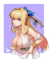 Rule 34 | 1girl, belt, blonde hair, blue belt, blue bow, border, bow, bracelet, breasts, cleavage, commentary, detached sleeves, english commentary, gold, gold bracelet, hair bow, hair intakes, highres, huge breasts, jewelry, kono yuusha ga ore tueee kuse ni shinchou sugiru, large breasts, lipstick, long hair, looking at viewer, makeup, materclaws, parted lips, puffy detached sleeves, puffy short sleeves, puffy sleeves, purple background, purple eyes, red lips, ristarte (kono yuusha ga ore tueee kuse ni shinchou sugiru), short sleeves, skirt hold, smile, solo, upper body, white border