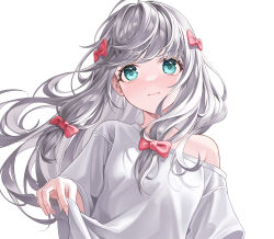 Rule 34 | 1girl, absurdres, bow, breasts, closed mouth, clothes lift, commentary, eromanga sensei, green eyes, grey hair, hair bow, highres, izumi sagiri, lifting own clothes, lips, long hair, looking at viewer, low-tied long hair, myless, off shoulder, oversized clothes, oversized shirt, pink bow, shirt, shirt lift, simple background, small breasts, solo, straight-on, upper body, white background, white shirt