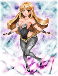 Rule 34 | 1041 (toshikazu), 1girl, bare shoulders, belt, blonde hair, blush, breasts, cleavage, curvy, emilie de rochefort, green eyes, hip focus, large breasts, lips, long hair, namco, pants, solo, tekken, tight clothes, tight pants, very long hair, wide hips