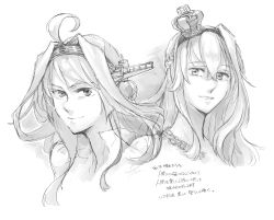 Rule 34 | 2girls, ahoge, braid, closed mouth, cropped torso, crown, double bun, french braid, greyscale, hair between eyes, hair bun, headgear, jewelry, kantai collection, kongou (kancolle), lineart, long hair, looking at viewer, mini crown, monochrome, multiple girls, necklace, parted lips, simple background, sketch, upper body, warspite (kancolle), yamada rei (rou)