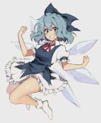 Rule 34 | 1girl, artist name, blue bow, blue dress, blue eyes, blue hair, blush, bobby socks, bow, breasts, chromatic aberration, cirno, clenched hands, collared shirt, dress, frills, full body, grey background, grin, hair between eyes, hair bow, hands up, highres, ice, ice wings, kamenozoki momomo, looking at viewer, medium hair, petticoat, pinafore dress, puffy short sleeves, puffy sleeves, red neckwear, red ribbon, ribbon, shirt, short sleeves, simple background, sleeveless dress, small breasts, smile, socks, solo, touhou, v-shaped eyebrows, white socks, wings