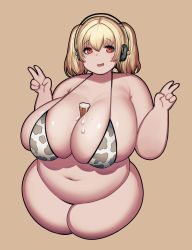 Rule 34 | 1girl, absurdres, between breasts, blonde hair, breasts, cleavage, fat, highres, huge breasts, looking at viewer, nitroplus, open mouth, orange eyes, plump, smile, solo, super pochaco, thick thighs, thighs, twintails
