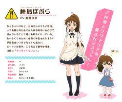 Rule 34 | 1girl, apron, bag, brown eyes, brown hair, character profile, multiple views, official art, ponytail, skirt, taneshima popura, translation request, working!!, aged down