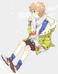 Rule 34 | androgynous, blue eyes, brown hair, coat, full body, gender request, original, patterned legwear, poo (donkan gokko), saddle shoes, scarf, shoes, shorts, sitting, snow, socks, solo, sweater