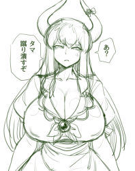 Rule 34 | anger vein, ball busting, bdsm, breasts, castration, cbt, cleavage, dress, ex-keine, femdom, horn ornament, horn ribbon, horns, huge breasts, kamishirasawa keine, long hair, monochrome, ribbon, short sleeves, sketch, solo, spacezin, text focus, touhou, translated