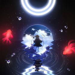 Rule 34 | 1girl, barefoot, bow, circlet, cloud, distortion, endlesscat, frilled skirt, frilled sleeves, frills, green skirt, hat, hat bow, heart, heart of string, highres, koi, komeiji koishi, long sleeves, looking away, reflection, ripples, scenery, shirt, short hair, skirt, sky, sleeves past wrists, solo, standing, standing on liquid, standing on one leg, touhou, water, water drop, wide sleeves, yellow shirt