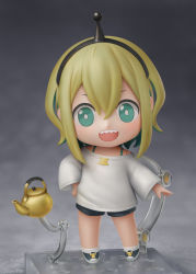 Rule 34 | 1girl, :d, absurdres, amano pikamee, artist name, bare shoulders, black footwear, black hairband, black shorts, blonde hair, blouse, bright pupils, commentary, english commentary, full body, green eyes, green hair, grey background, hair between eyes, hairband, highres, kettle, long sleeves, looking at viewer, multicolored hair, nendoroid, off-shoulder shirt, off shoulder, open mouth, photorealistic, photoshop (medium), realistic, sharp teeth, shiori2525, shirt, short hair, shorts, sidelocks, smile, socks, solo, tea kettle, teeth, two-tone hair, virtual youtuber, voms, white pupils, white shirt, white socks, wide sleeves