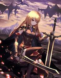 Rule 34 | 1girl, absurdres, armor, bad id, bad pixiv id, black thighhighs, blonde hair, boots, cup6542, detached sleeves, doll joints, dragon, eyebrows, fringe trim, glowing, hair between eyes, highres, holding, holding sword, holding weapon, joints, long hair, mountain, mountainous horizon, original, outdoors, pauldrons, red eyes, shoulder armor, sitting, solo, sword, tagme, thigh boots, thighhighs, v-shaped eyebrows, weapon