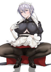 Rule 34 | 1girl, absurdres, apron, artist name, azur lane, bellona (armed to clean) (azur lane), bellona (azur lane), black footwear, black shirt, breasts, brown pantyhose, clothing cutout, full body, gloves, hair between eyes, half gloves, hand on own chest, high heels, highres, large breasts, light purple hair, looking at viewer, maid apron, maid headdress, medium hair, official alternate costume, panties, panties under pantyhose, pantyhose, purple eyes, shirt, shoes, simple background, solo, spread legs, squatting, thighband pantyhose, tierla, underboob, underboob cutout, underwear, white background, white gloves