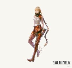 Rule 34 | 1girl, blonde hair, boots, bracelet, braid, braided ponytail, copyright name, final fantasy, final fantasy xvi, full body, jewelry, looking at viewer, midadol telamon, official art, scarf, simple background, sleeveless, smile, solo, standing