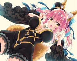 Rule 34 | animal ear fluff, animal ears, black dress, breasts, cleavage, dress, fate/extra, fate/grand order, fate (series), fox ears, fox girl, from below, hat, large breasts, looking at viewer, official alternate costume, pink hair, ribbon, sasorigatame, simple background, solo, tail, tamamo (fate), tamamo no mae (fate/extra), tamamo no mae (sable mage) (fate), thighhighs, top hat, yellow eyes